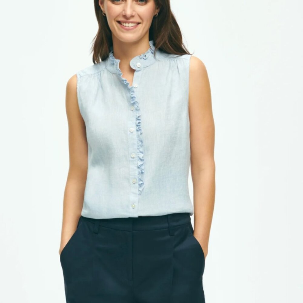 💙 Brooks Brothers Light Blue Sleeveless Linen Ruffle Trim Button-Down Top